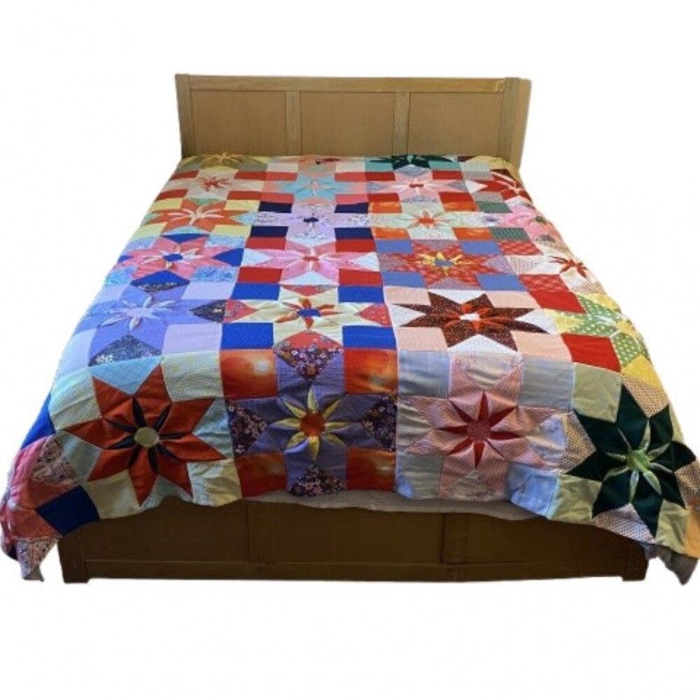 Vtg 70s Polyester Quilt Topper 87x87 - Hand Stitched Star Flower Dahlia Retro